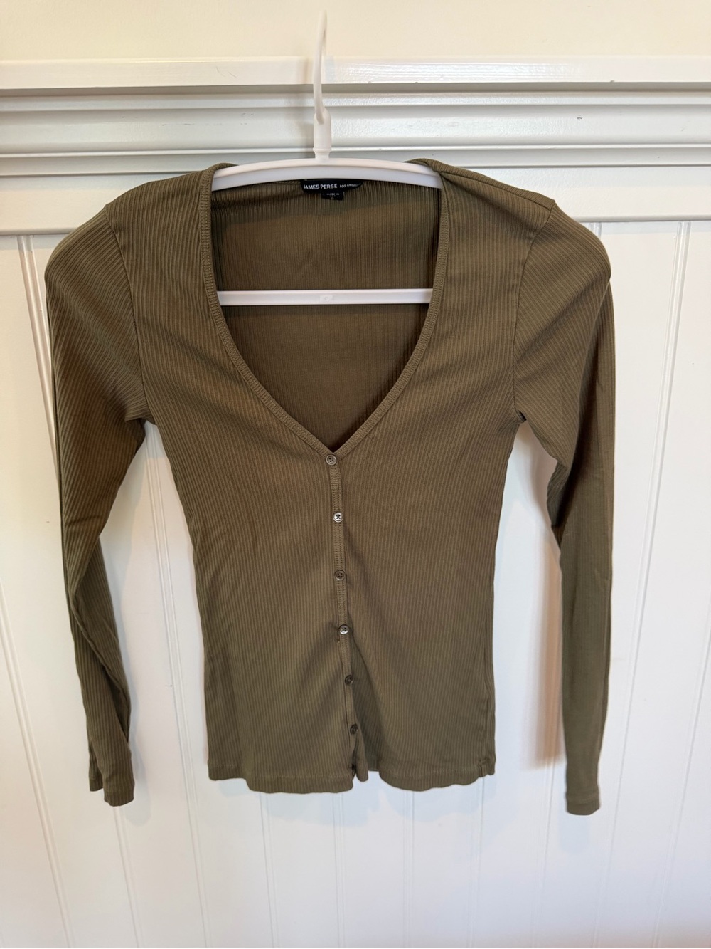 James Perse Like New Ribbed V-Neck Button-Front Long Sleeve Top - Olive